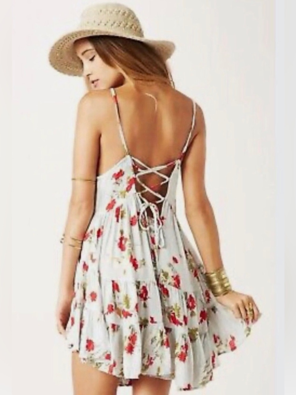 Free People “Circle of Flowers” Boho Floral Flowy Lace-Up sundress. Size small